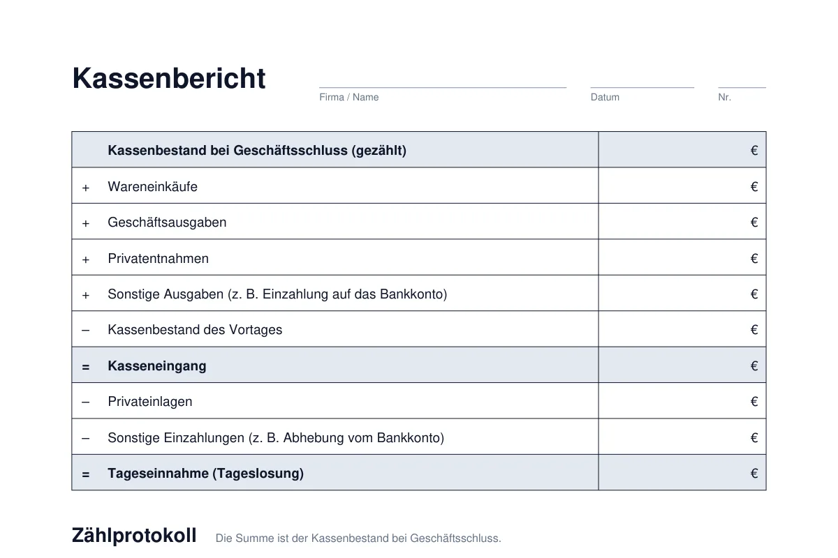 Kassenbericht-Vorlage mit Zählprotokoll für Scheine und Münzen