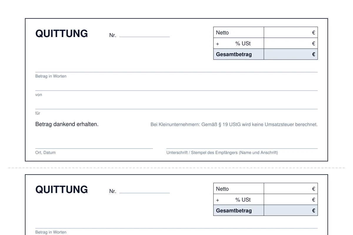 Quittung-Vorlage als PDF mit drei Quittungen pro Seite