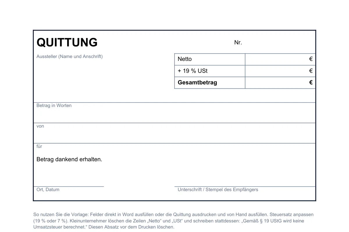 Quittung-Vorlage für Word mit Feldern für Betrag, Zahler und Verwendungszweck
